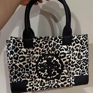 Tory Burch Black and Cream Animal Print Ella Tote
